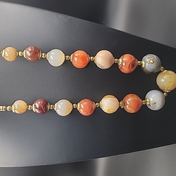 Elegant Gold Tone Chunky 24mm Agate Gemstone Beads Beaded Chunky 21" Necklace - Picture 4 of 11